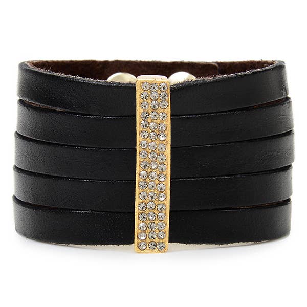 Pave Crystal Bar Leather Bracelet in Gold Finish: Vintage Brown w Black Diamond