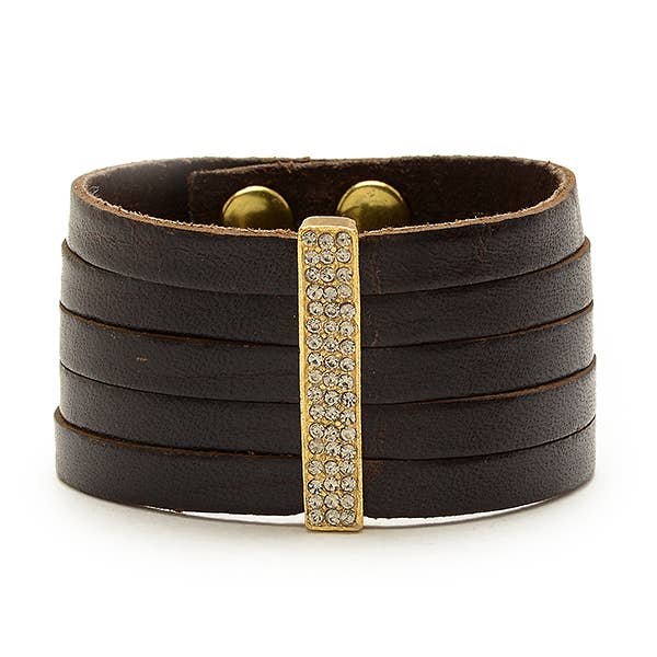 Pave Crystal Bar Leather Bracelet in Gold Finish: Black w Black Diamond