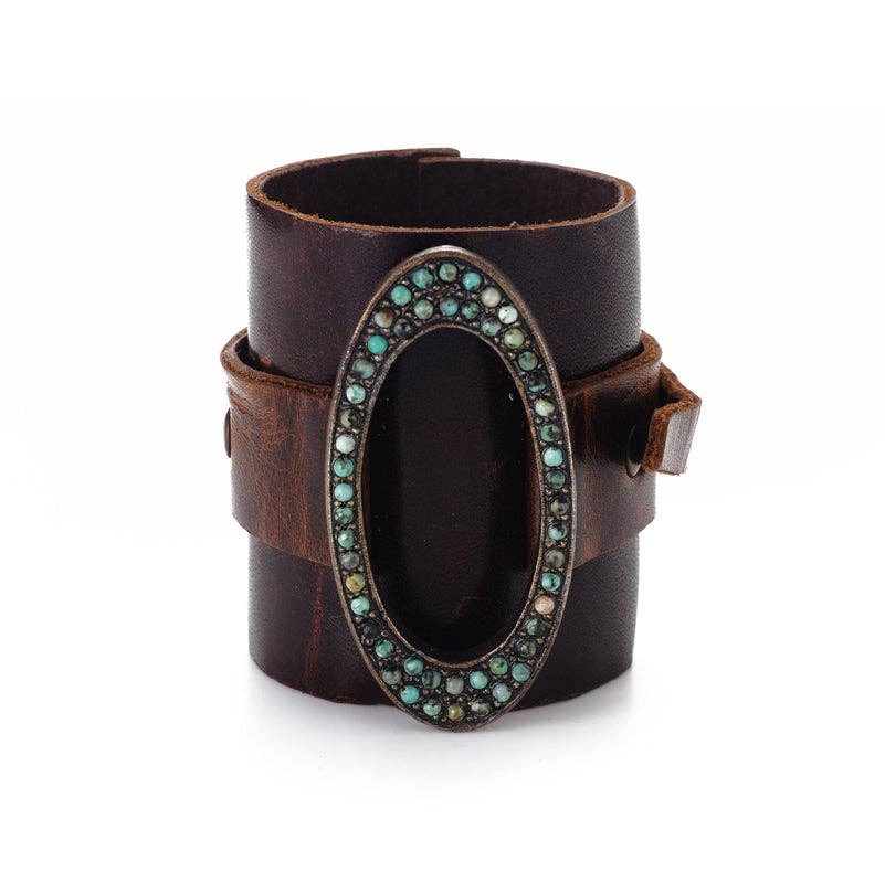 Wide Leather Cuff with Oval Metal Center: Black w Black Diamond