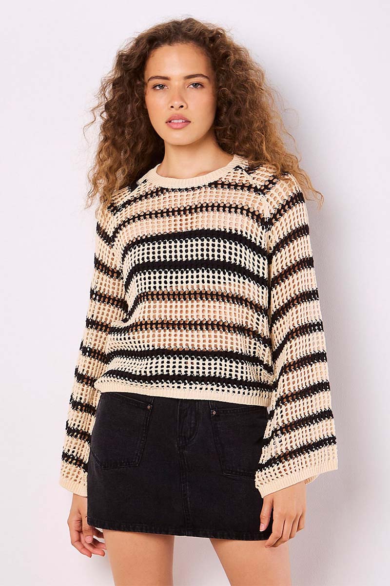 STRIPE MESH KNIT BELL SLV SWTR