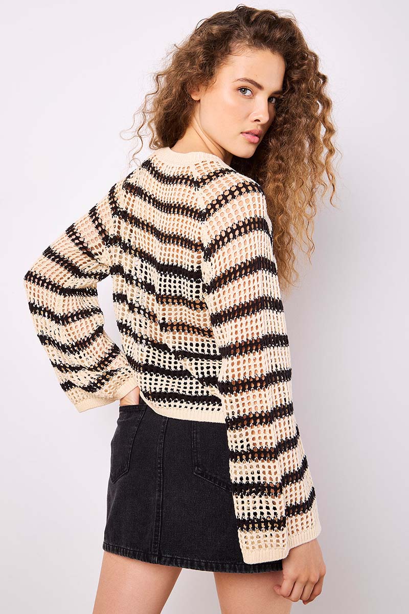 STRIPE MESH KNIT BELL SLV SWTR