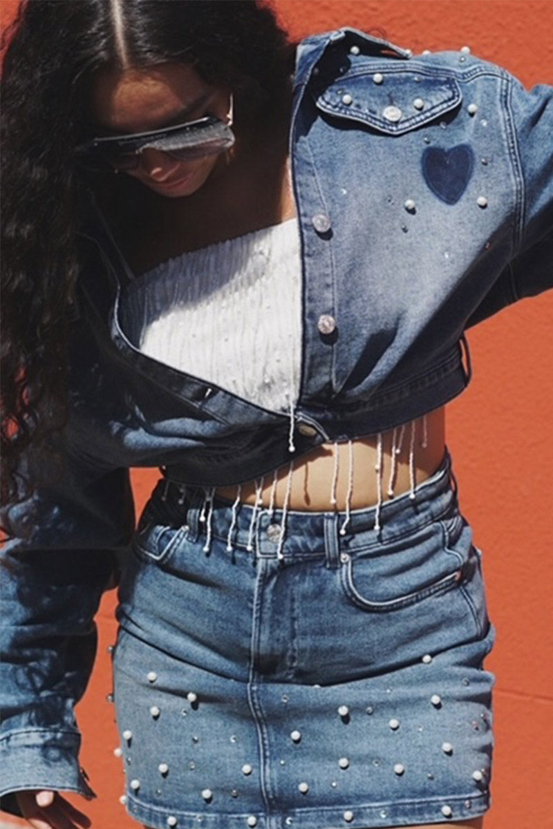 CROP PEARL DENIM JACKET