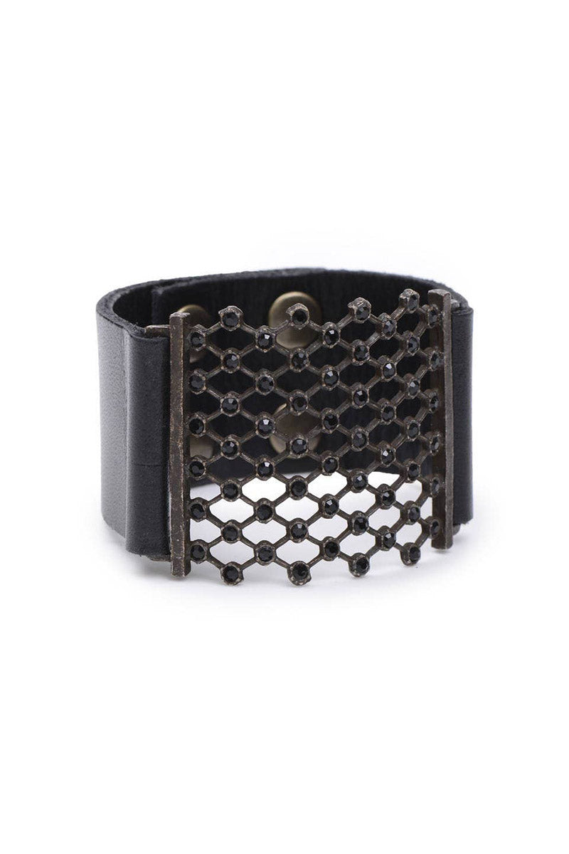 Crystal Mesh Leather Bracelet - Black w/ Jet