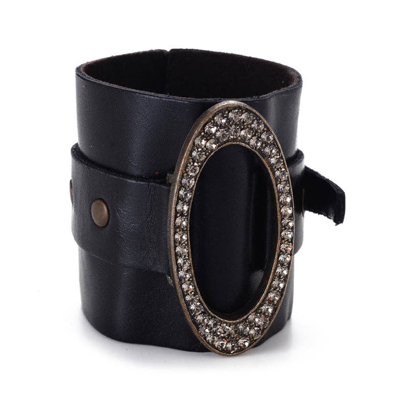 Wide Leather Cuff with Oval Metal Center: Grey Metallic w Black Diamond