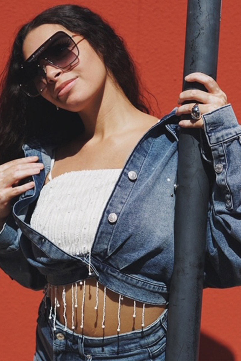 CROP PEARL DENIM JACKET