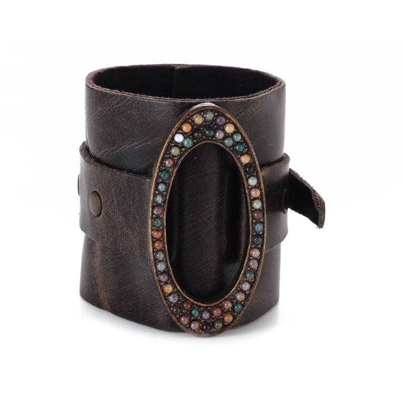 Wide Leather Cuff with Oval Metal Center: Black w Black Diamond