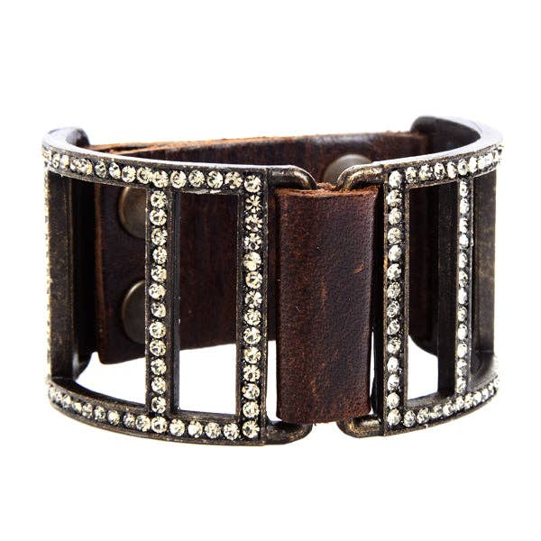 Double Sided Open Lined Crystal Leather Bracelet: Grey w Black Diamond