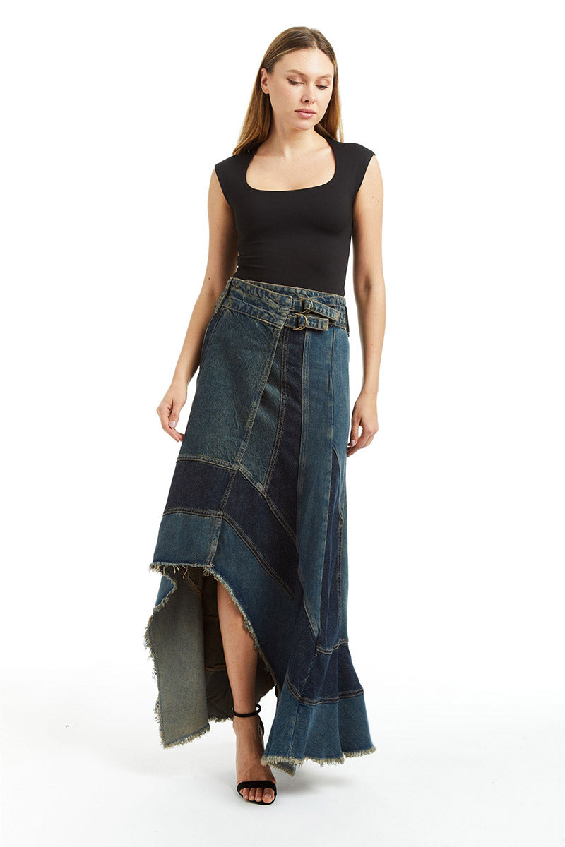 PATCHED WIDE BAND GRUNGE SKIRT