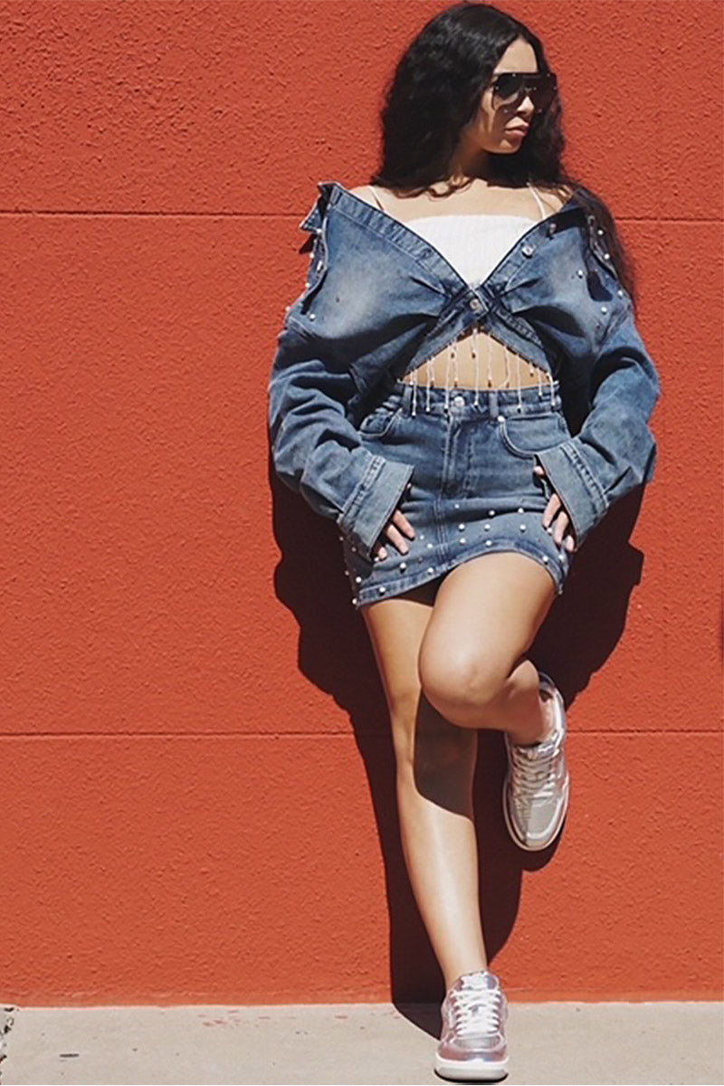 CROP PEARL DENIM JACKET