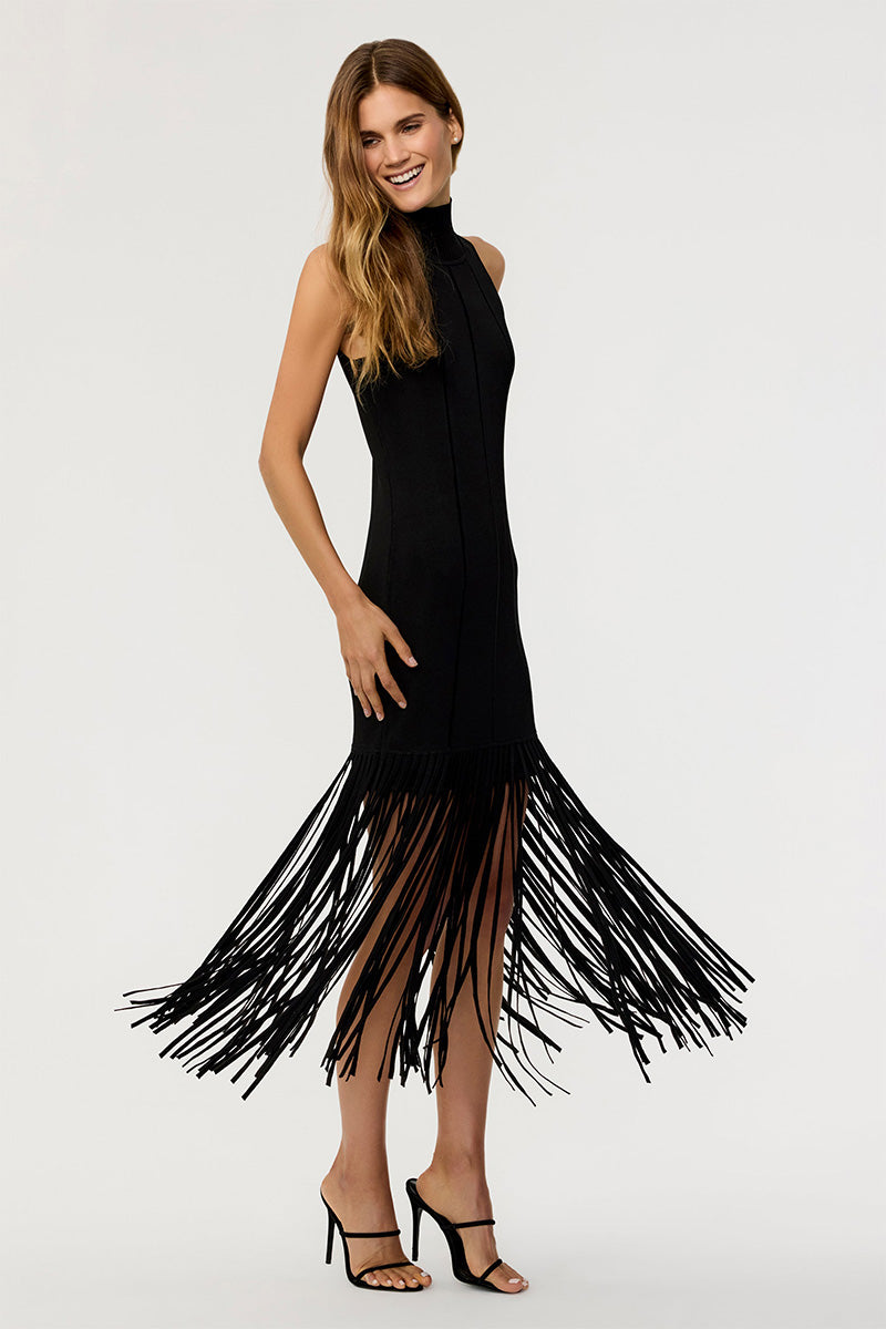 LESLIE MOCK NECK FRINGE DRESS