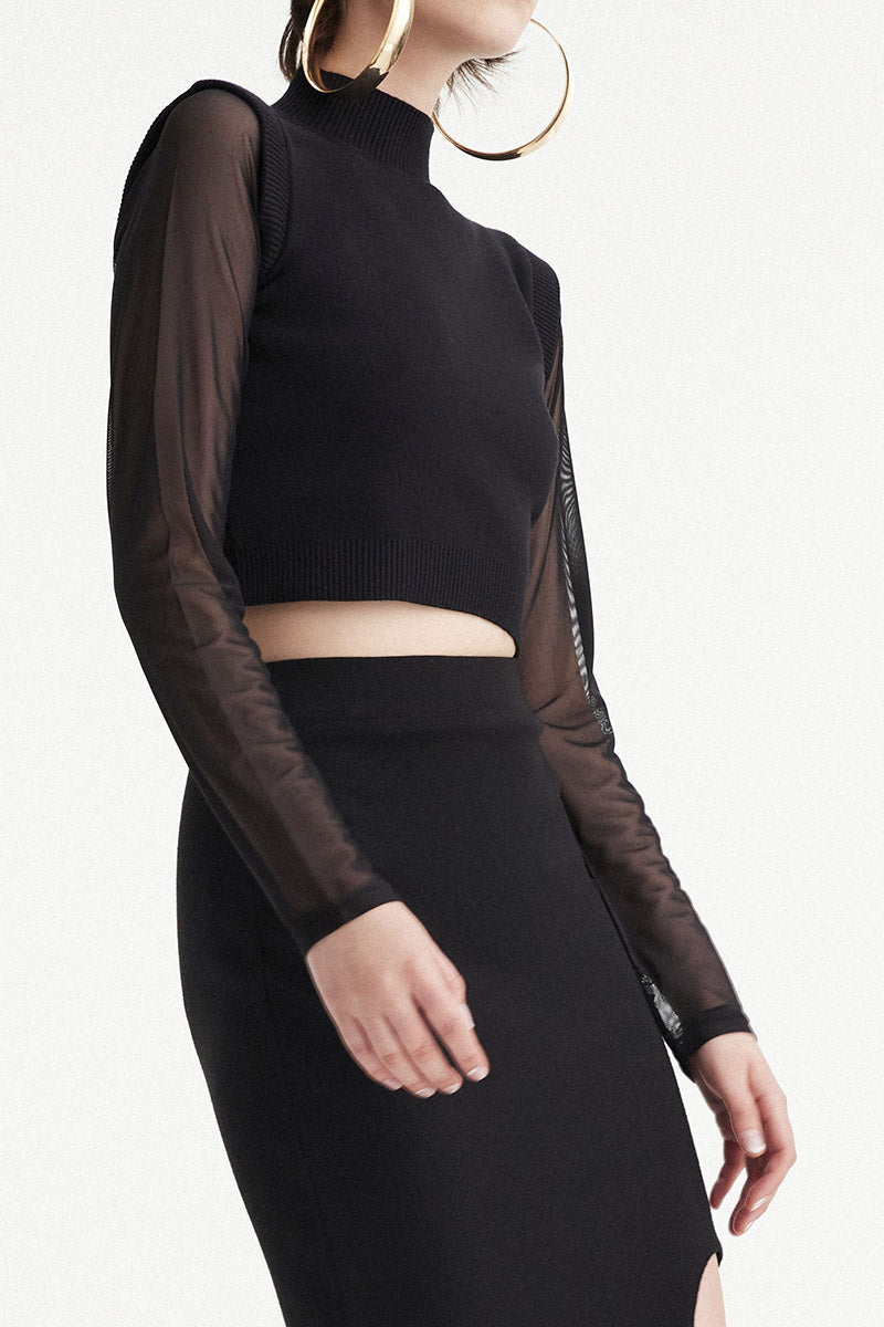 NOMIA SHEER SLEEVE MOCK NECK SWEATER