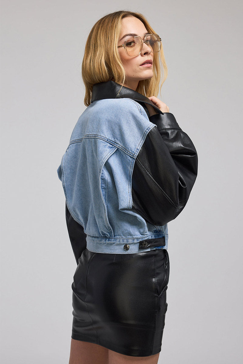 VALEX VEGAN LEATHER COMBO DENIM JACKET