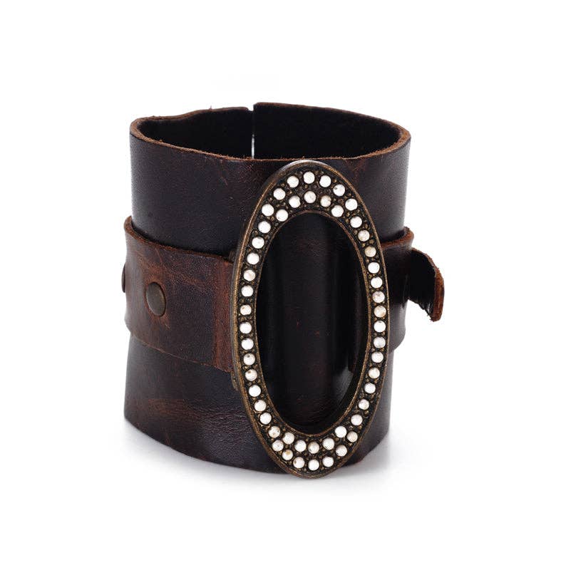 Wide Leather Cuff with Oval Metal Center: Grey Metallic w Black Diamond